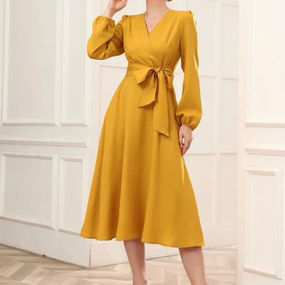 Surplice Neck Bishop Sleeve Belted Dress